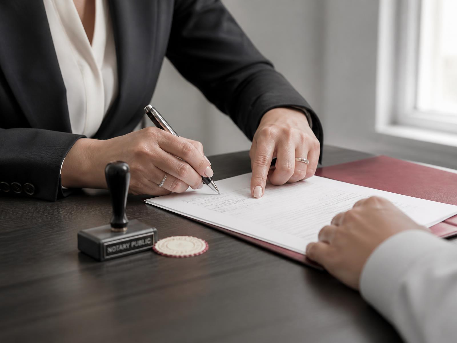 New Jersey notary public guiding a client through signing a document beside a notary seal and stamp